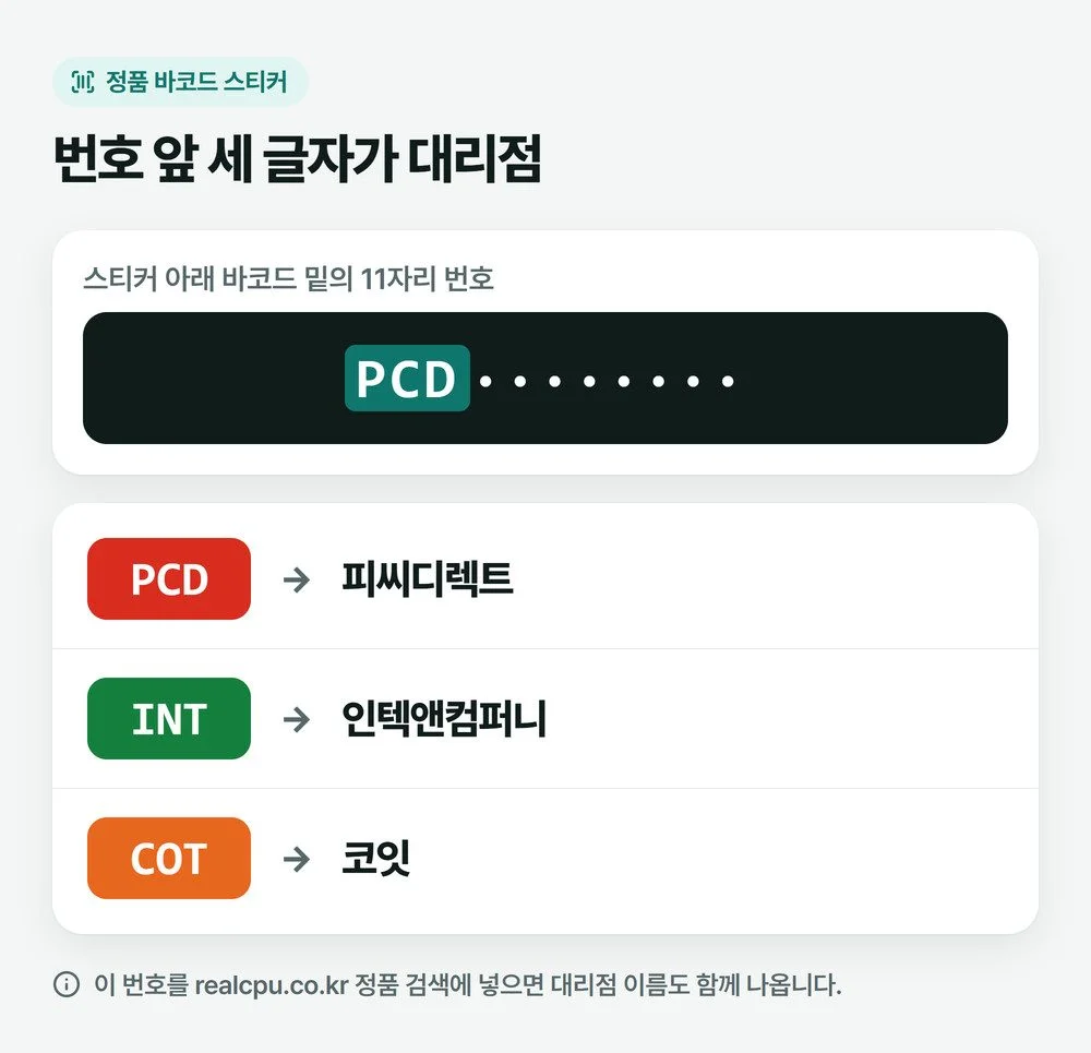 인텔 CPU AS 조회용 정품 바코드 번호 앞 세 글자로 대리점을 가르는 그림, PCD는 피씨디렉트, INT는 인텍앤컴퍼니, COT는 코잇