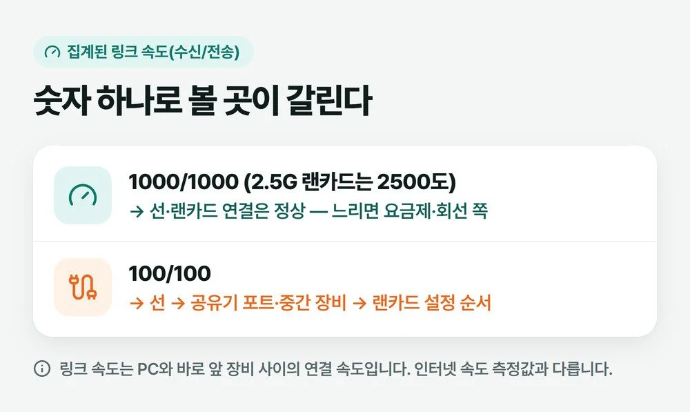 인터넷 100Mbps 고정인지 가르는 그림, 집계된 링크 속도가 1000/1000이면 요금제·회선 쪽, 100/100이면 선·공유기 포트·랜카드 설정 순서로 본다는 설명 그림