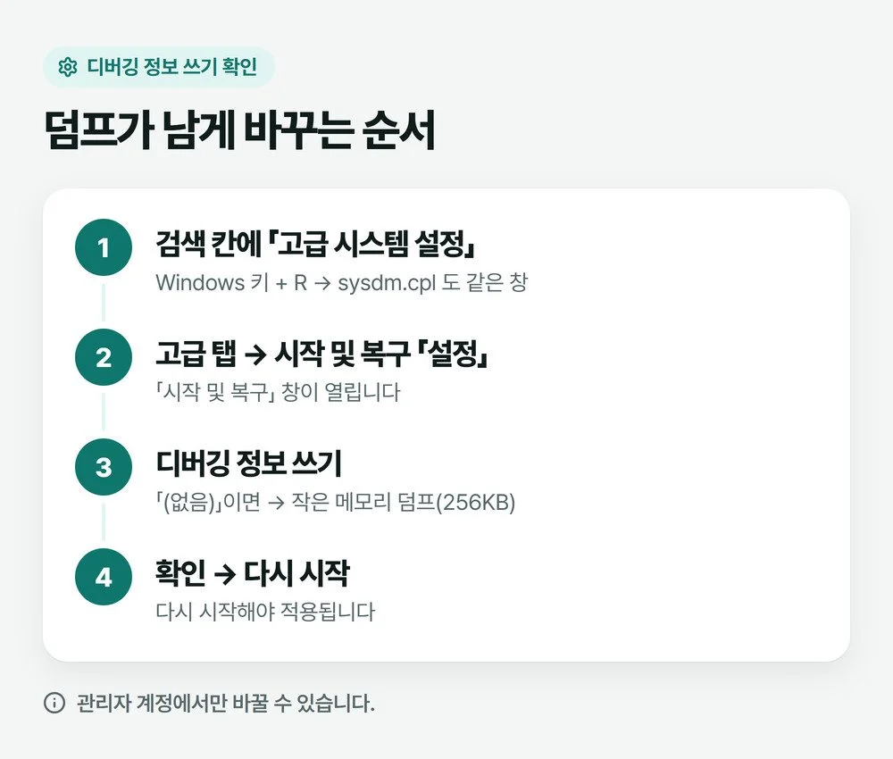 고급 시스템 설정에서 시작 및 복구 설정, 디버깅 정보 쓰기까지 가는 순서