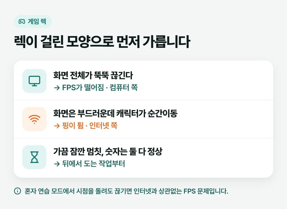 게임 렉을 화면 전체 끊김, 캐릭터 순간이동, 가끔 멈칫 세 가지 모양으로 나눈 설명 그림