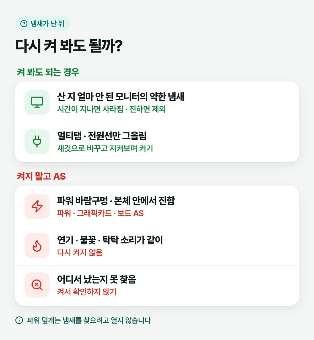 타는 냄새가 난 뒤 다시 켜 봐도 되는 경우와 켜지 말고 AS로 보낼 경우를 나눈 그림