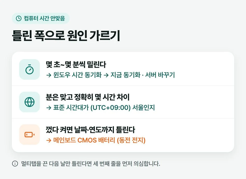 컴퓨터 시간 안맞음을 몇 분, 정확히 몇 시간, 날짜째 틀림의 세 갈래로 나누고 각각 시간 동기화, 표준 시간대, CMOS 배터리로 이어 놓은 그림
