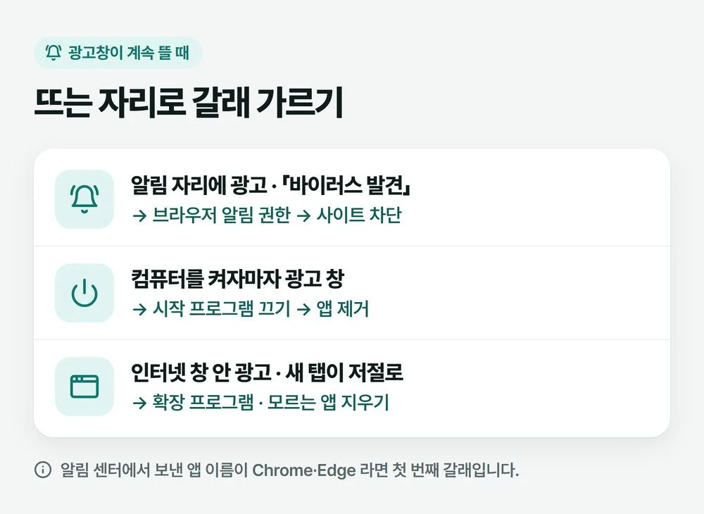 컴퓨터 광고창 계속 뜸 증상을 알림 자리·켤 때 뜨는 창·웹페이지 안 광고 세 갈래로 나눈 그림