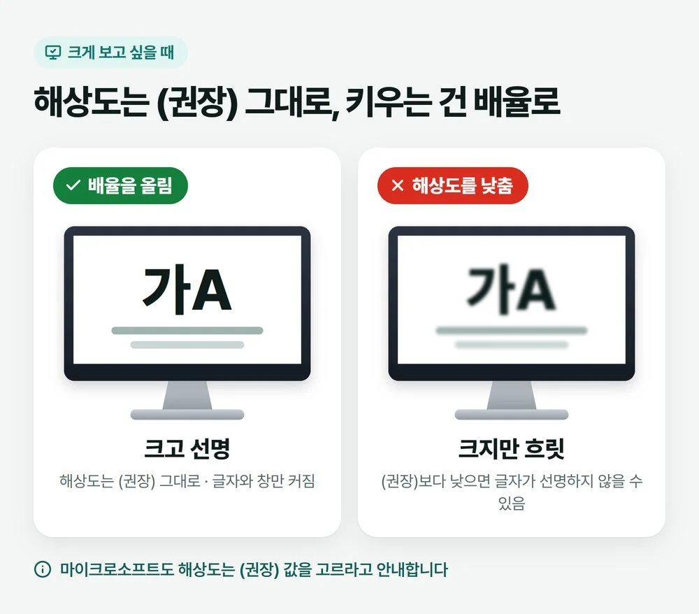 배율을 올리면 글자가 크고 선명하고, 해상도를 낮추면 크지만 흐릿해지는 것을 모니터 두 대로 비교한 그림