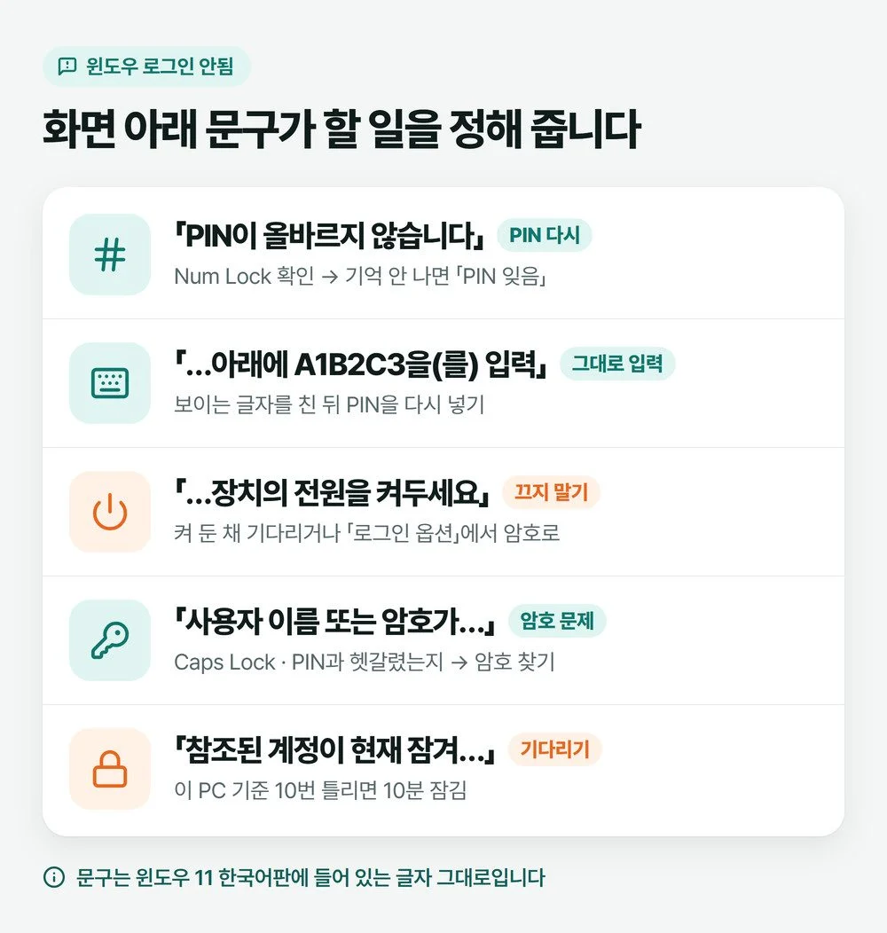 윈도우 로그인 안됨 화면 문구 다섯 가지와 문구별로 할 일을 정리한 그림