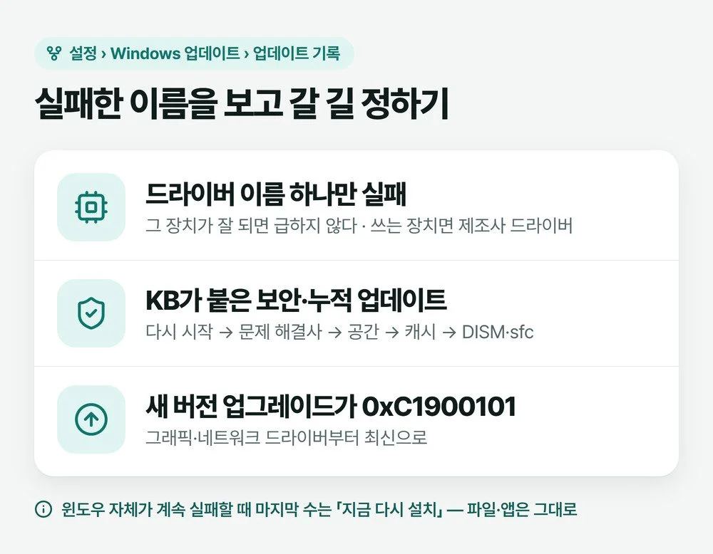 실패한 업데이트 이름이 드라이버인지, KB 보안 업데이트인지, 새 버전 업그레이드인지에 따라 할 일을 나눈 그림